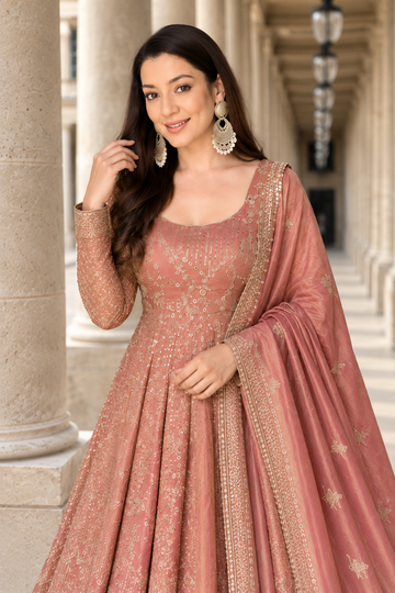 Rose Gold Embroidered Anarkali Gown Set