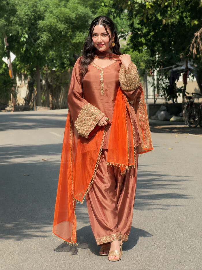 Copper Brown Embroidered Kurta Pant Set