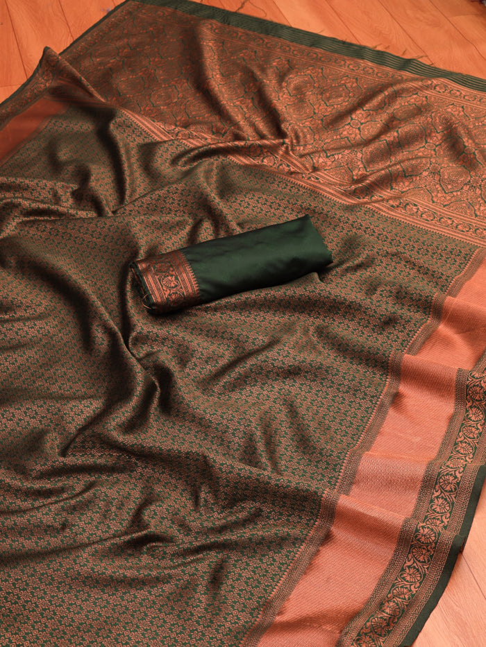 Mahendi Green Jacquard Saree – Elegant Woven Detailing & Festive Traditional Style