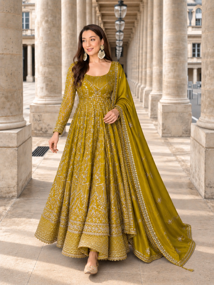 Mustard Embroidered Anarkali Gown Set