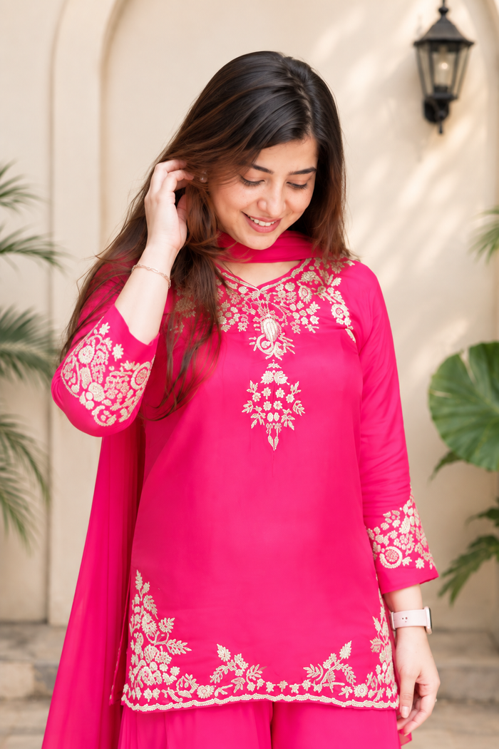 Premium Pure Mul Chanderi Handwork Suit Set – Top, Palazzo & Chiffon Dupatta