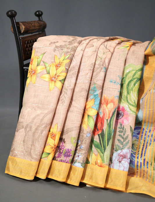 Charming Beige Colored Cotton Linen Designer Printed Saree