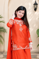 Elegant Sunset Orange Mul Chanderi Handcrafted Suit Set