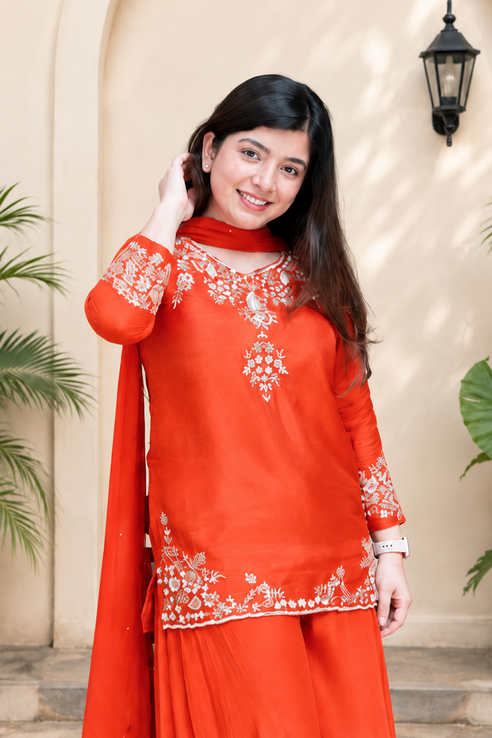 Elegant Sunset Orange Mul Chanderi Handcrafted Suit Set