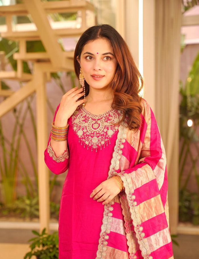 Pink Vichitra Silk Suit Set