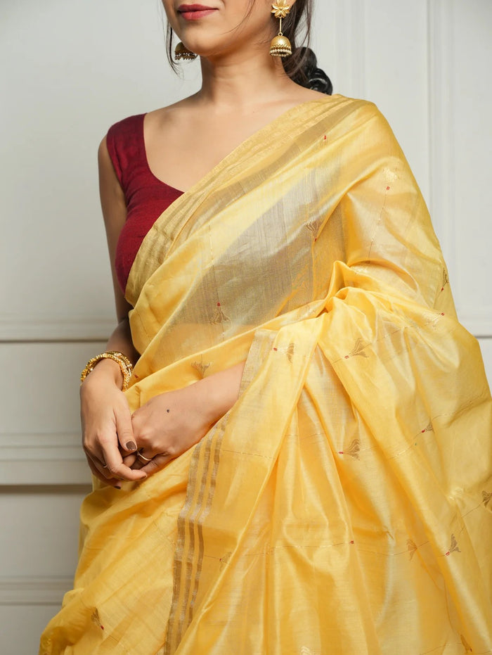 Yellow Cotton Silk Saree – Soft Linen Feel with Rich Jacquard Pallu