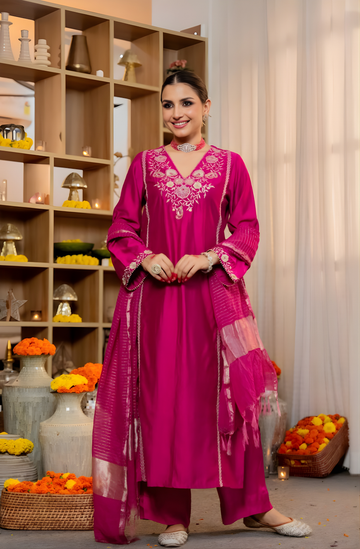 Pure Satori Silk Embroidered Rani Suit Set with Zari Banarasi Dupatta