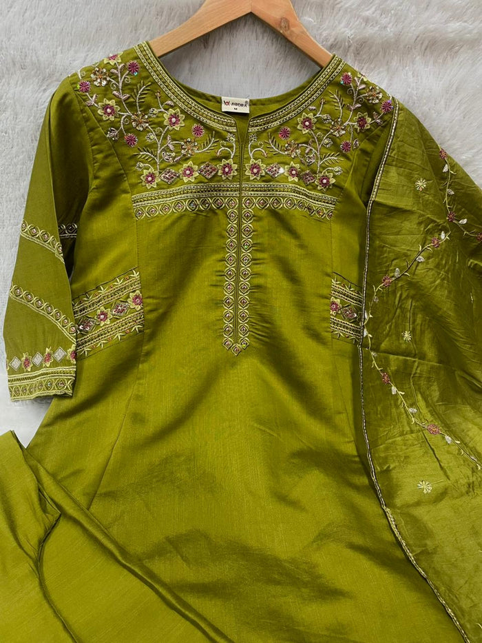 Mehndi Green Mango Silk Anarkali Set