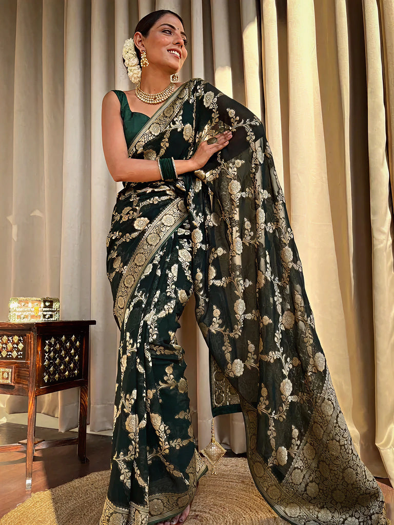 Emerald dark Green Jacquard Saree