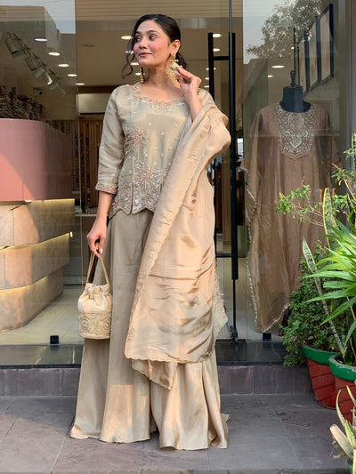 Champagne Embroidered Silk Palazzo Set