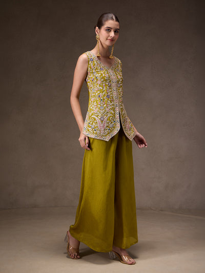 Olive Chinon Embroidered Suit Set