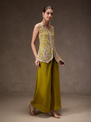 Olive Chinon Embroidered Suit Set