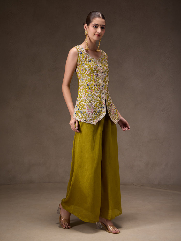 Olive Chinon Embroidered Suit Set