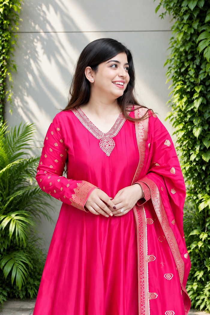 Rani Pink Banarasi Anarkali Suit – Handwork & Zari Flare