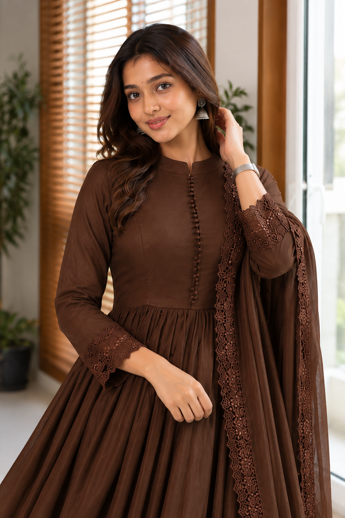 Roman Silk Embroidered Gown with Bottom & Dupatta
