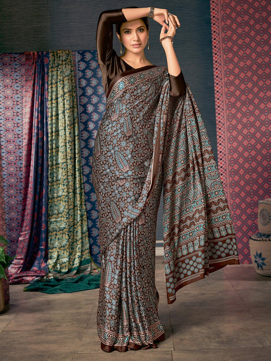 Printed Brown Colored pure Silk Saree with Blouse Piece
