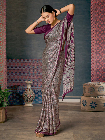 Printed Purple Colored pure Silk Saree with Blouse Piece