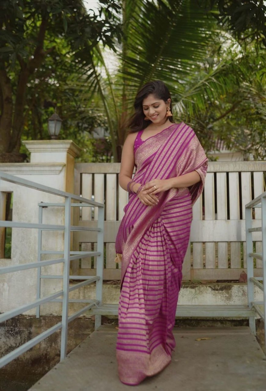 Pink Banarasi Soft Silk Saree With Zari Weaving Work