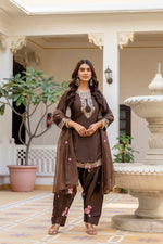 Coffee Satin Embroidered Kurta Set