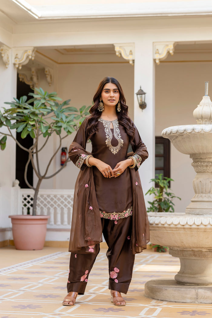Coffee Embroidered Designer Suit Set
