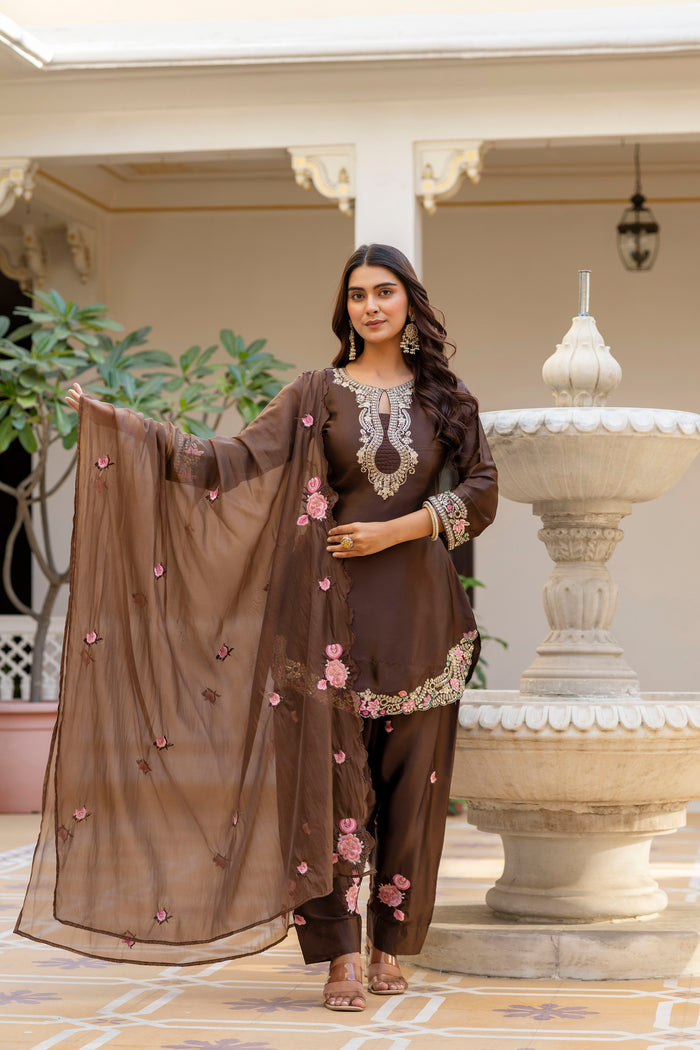 Coffee Satin Embroidered Kurta Set
