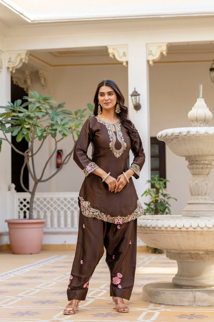 Coffee Satin Embroidered Kurta Set