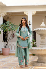 Pista Satin Embroidered Kurta Set