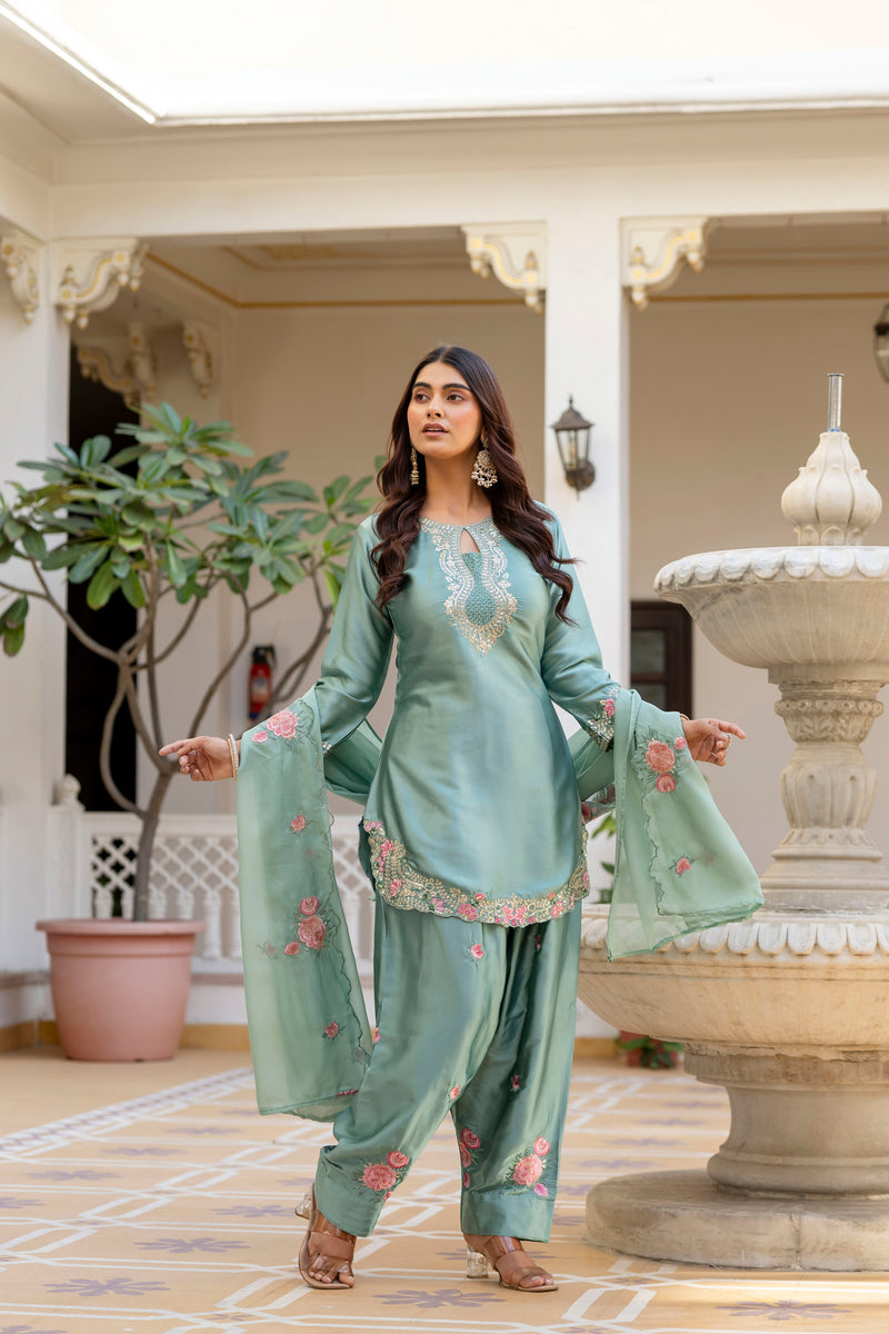Pista Satin Embroidered Kurta Set