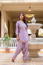Purple Satin Embroidered Kurta Set