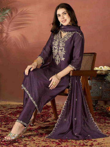 Wine Embroidered Vichitra Suit Set