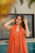 Orange Embroidered Chinnon Silk Palazzo Suit Set