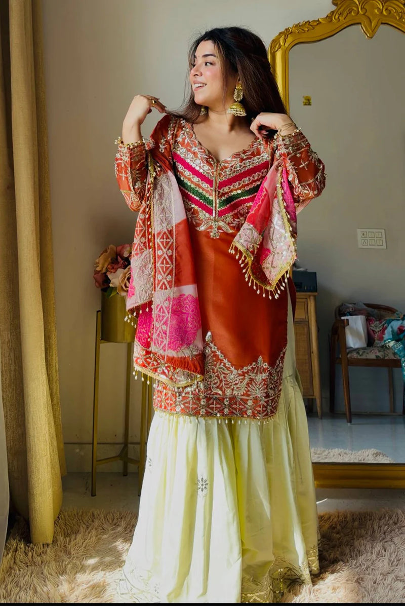 Rust Embroidered Satin Silk Gharara Set