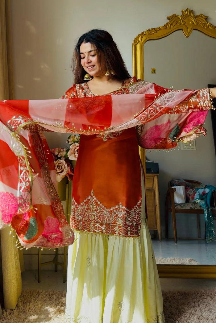 Rust Embroidered Satin Silk Gharara Set