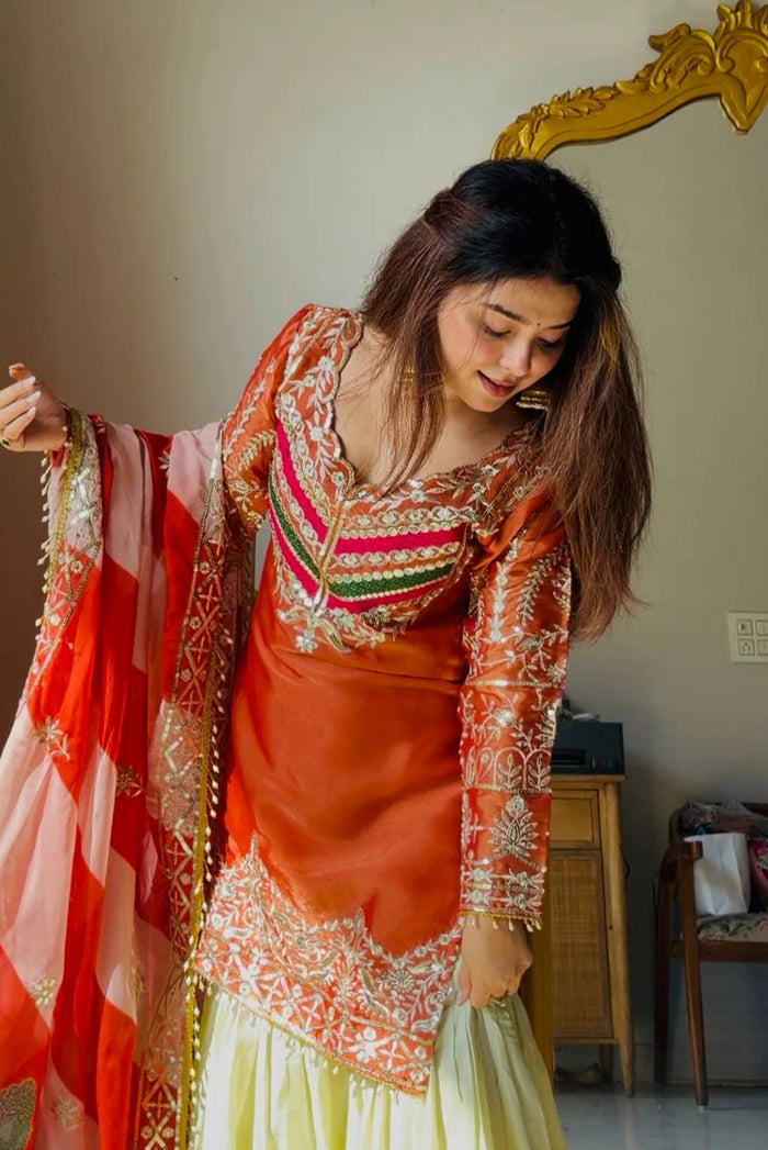 Rust Embroidered Satin Silk Gharara Set