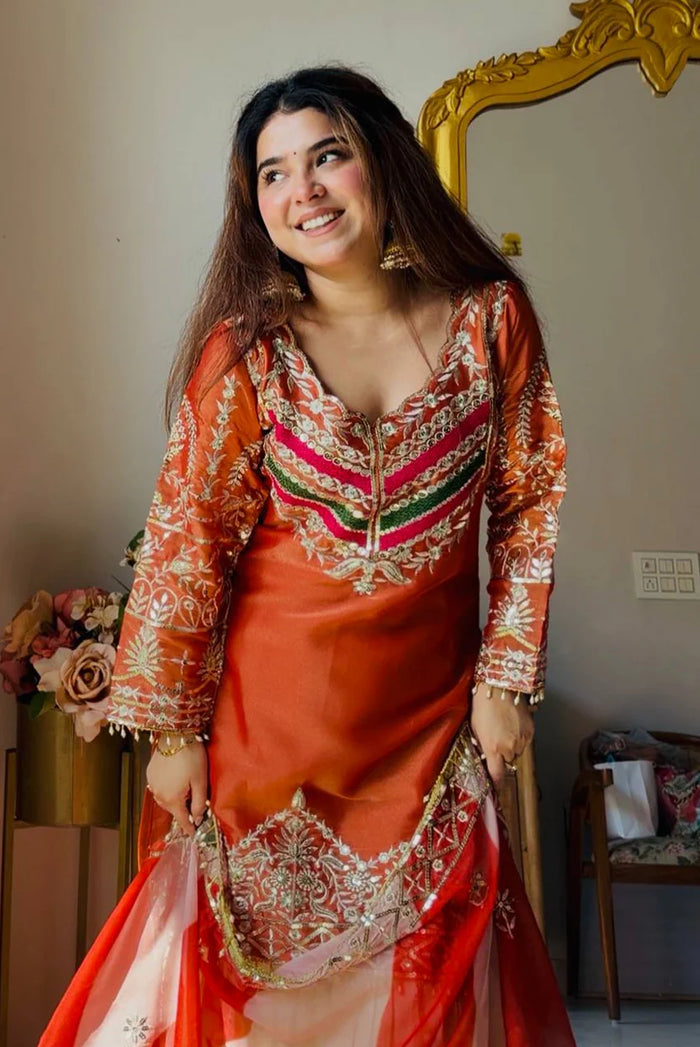 Rust Embroidered Satin Silk Gharara Set