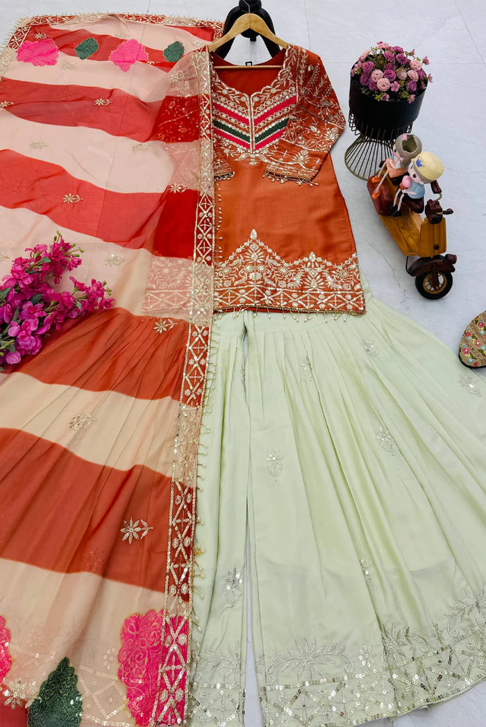 Rust Embroidered Satin Silk Gharara Set