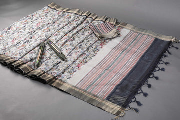 Fantastic Multi Colored Cotton Linen Designer Printed Saree