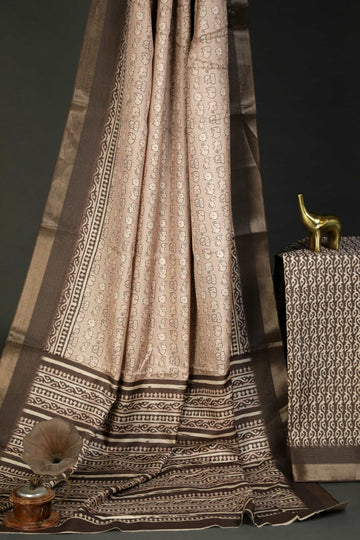 Alluring Beige Colored Cotton Linen Designer Printed Saree