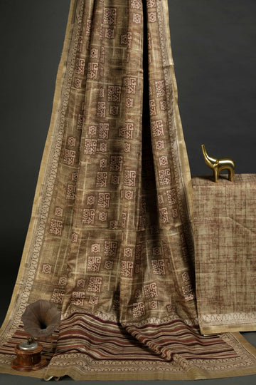 Demanding Golden Colored Cotton Linen Designer Printed Saree