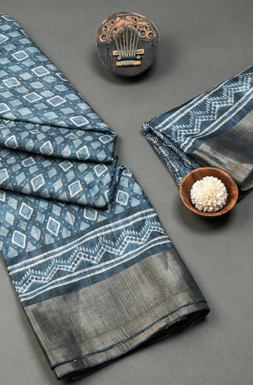 Fairy-tale Blue Colored Cotton Linen Designer Printed Saree