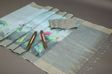 Stunning Sky Blue Colored Cotton Linen Designer Printed Saree