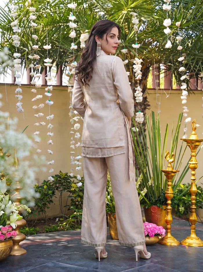 Beige Embroidered Viscose Kurta Palazzo Set
