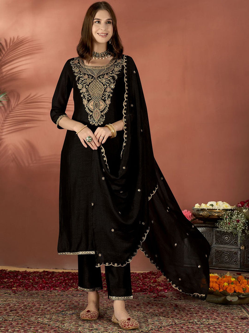 Black Embroidered Vichitra Suit Set with Dupatta