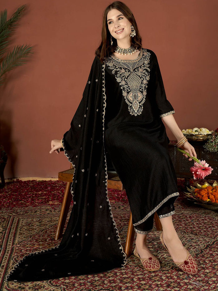 Black Embroidered Vichitra Suit Set with Dupatta