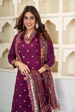 Elegant Wine Purple Embroidered Kurta Pant Set