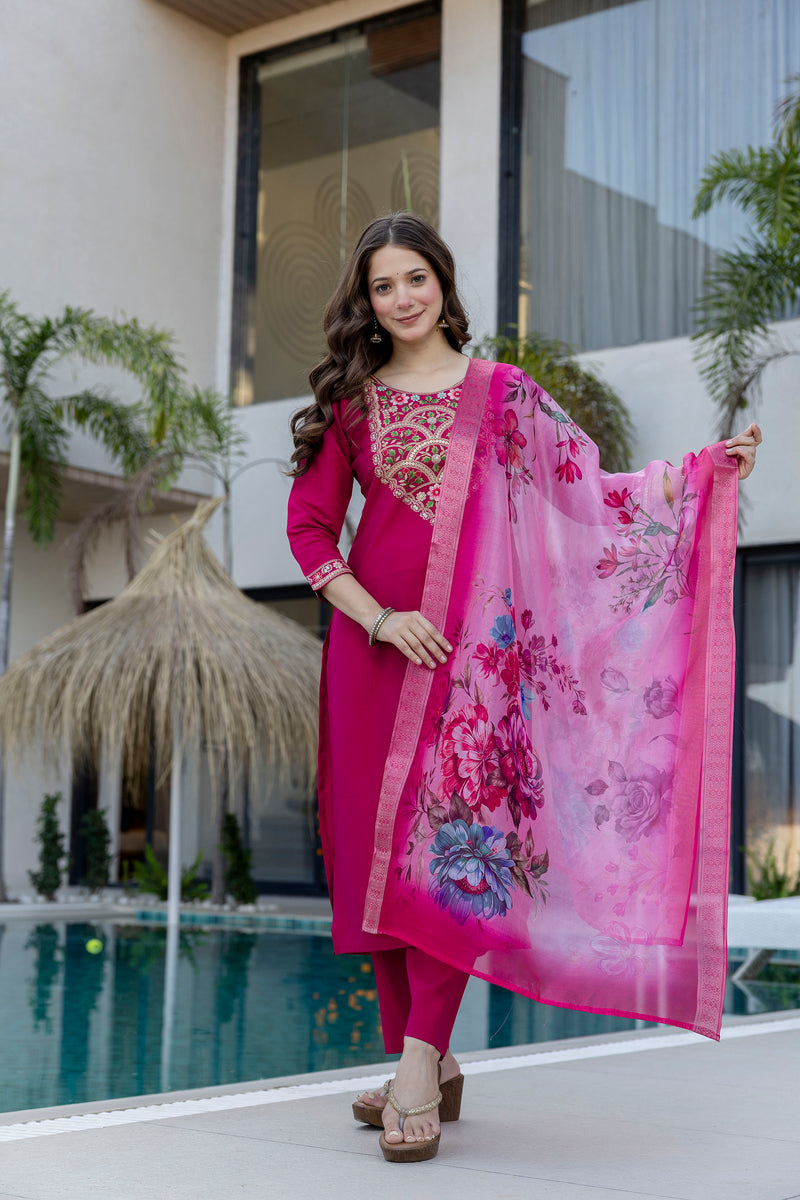 Magenta P.V. Chanderi Embroidered Kurti Set