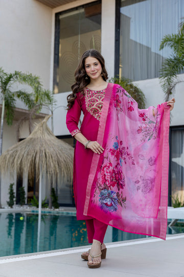 Magenta P.V. Chanderi Embroidered Kurti Set