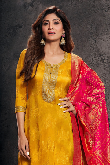 Haldi Designer Pure Banarasi Jacquard Weaving Suit Set with Dupatta