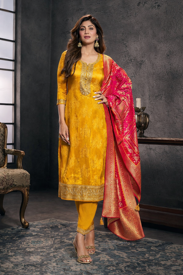 Haldi Designer Pure Banarasi Jacquard Weaving Suit Set with Dupatta