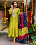 Lemon Yellow Embroidered Viscose Chanderi Suit Set